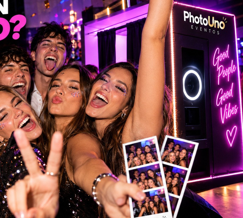 Amigos y familia disfrutando de la fotocabina PhotoUno con accesorios luminosos y carteles temáticos